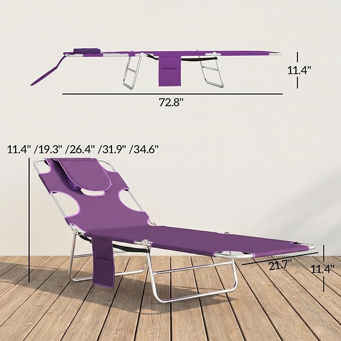 Outsunny Chaise Lounge Chair Outdoor with Face Arm Hole, 5-Position Reclining Face Down Tanning Chair with Carry Strap, Side Pocket, Portable Folding Bed Cot for Patio Beach Pool, Purple