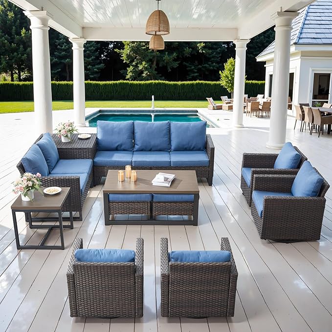 Belord Spacious 11 Pieces Patio Conversation Set - 5-Seater Outdoor Furniture Sectional Sets with Swivel Glider Chairs Set of 4 and Storage Box, Metal Top Coffee Table with Embedded Ottoman Brown