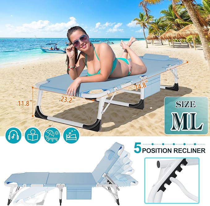 ABORON 3 in 1 Sun Tanning Chair, Heavy Duty Folding Chaise Lounge Chairs, Oversized with Mat/Pillow/Face Arm Hole, for Beach Pool Lawn Yard Patio