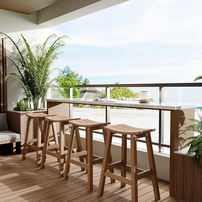 All-Weather Bar Stools Set of 2, 28" Height Outdoor Barstools with 400 lbs Weight Capacity, Looks Like Real Wood, for Bar, Kitchen Counter, Pool, and Patio, Teak
