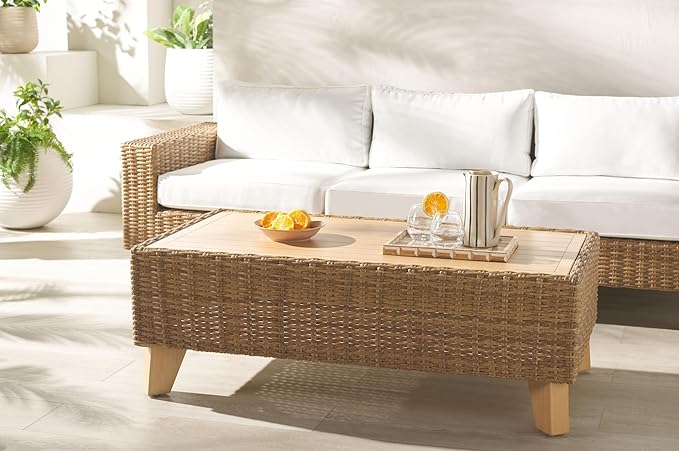 SAFAVIEH Couture Collection Margarita Natural Brown Faux Wicker Rectangle Indoor/Outdoor Coffee Table (Fully Assembled)