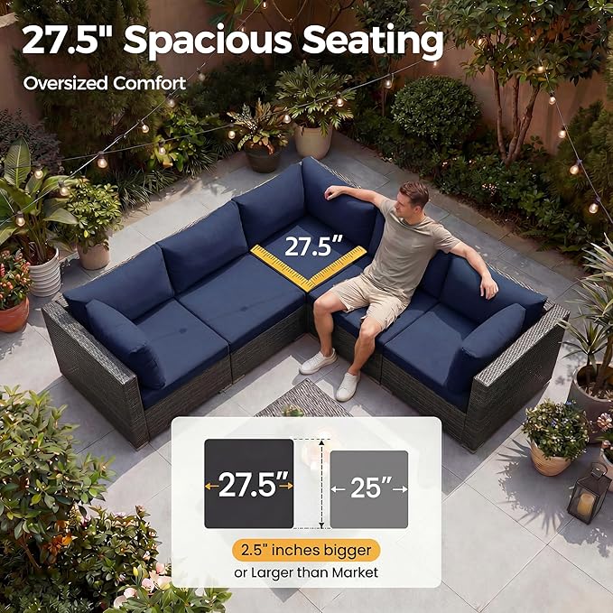 NICESOUL 9 Piece Large Outdoor Patio Furniture Set with Fire Pit Table Gas/Propane, 29.3'' High Back Rattan Modular Sectional Sofa, Extra Wide Conversations for Backyard, 2 Color Cushion Navy & Gray