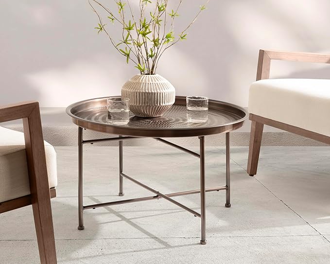 Kate and Laurel Mahdavi Modern Round Outdoor Coffee Table; 25 x 25 x 16; Bronze; Transitional Patio Coffee Table with Textured Top for Outdoor Furniture Decor