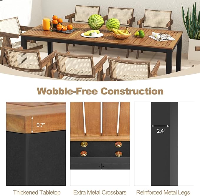 Tangkula 79" Acacia Wood Outdoor Dining Table for 8, Patio Table with Umbrella Hole, Metal Legs & Adjustable Foot Pads, Rectangular 8-Person Outside Table for Garden, Poolside & Backyard