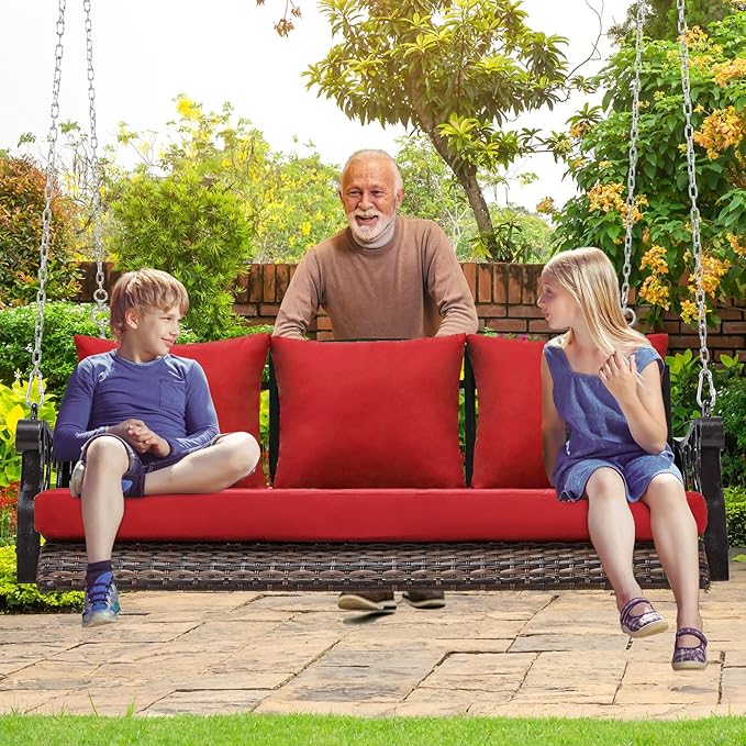 Heavy Duty 900 LBS Porch Swing Chair 3-Person Outdoor Rattan Patio Swing Lounge w/Cup-Holder & Steel Chains Wicker Hanging Bench Porch Swing Cushions for Deck & Backyard & Garden