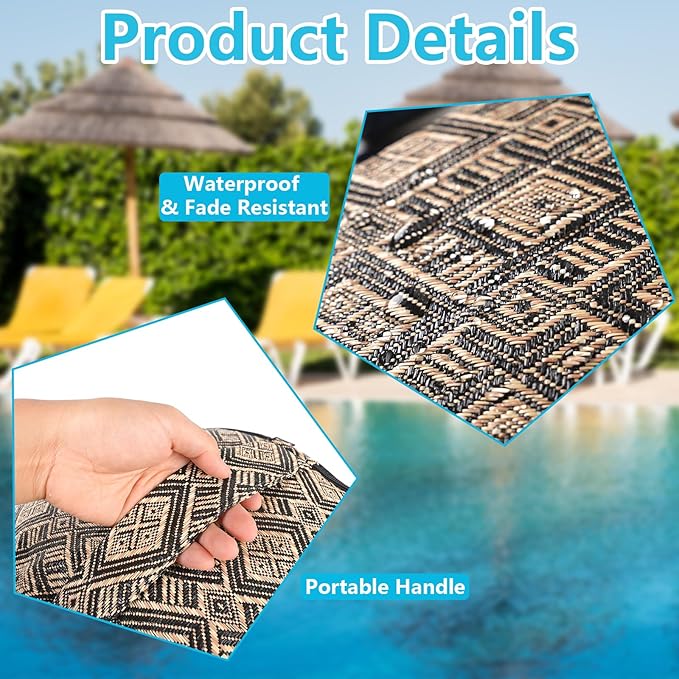Woven Inflatable Ottoman D21”x H10” Outdoor Indoor Pouf Patio Footrest Stool with Portable Handle, Round Ottoman for Patio Garden, Camping, Bedroom, Living Room