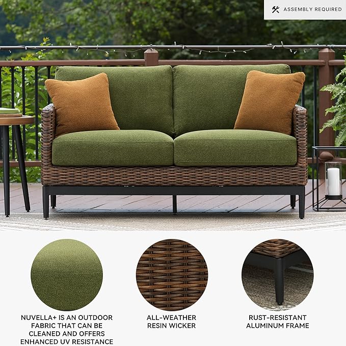 Signature Design by Ashley Horizon Hall Vintage Outdoor Nuvella Weather Resistant Fabric, Resin Wicker Loveseat with Cushion and 2 Accent Pillows, Green & Dark Brown