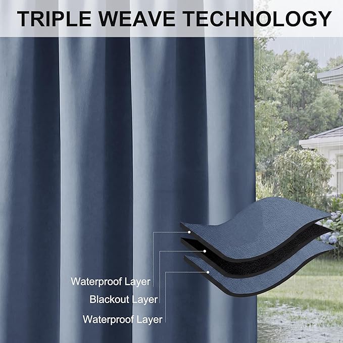 RYB HOME Extra Wide Outdoor Curtains for Patio Waterproof Heavy Duty Thermal Insulated in Summer Full Coverage Privacy for Porch, Gazebo & Pergola, W100 x L84, Stone Blue, 1 Panel