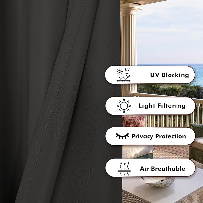 BONZER Waterproof Indoor/Outdoor Curtains for Patio Thick Privacy Grommet Curtains for Bedroom, Living Room, Porch, Pergola, Cabana, 1 Panel, 84W x 108L inch, Charcoal