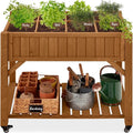 Best Choice Products Elevated 8 Pocket Herb Garden Bed, Mobile Raised Customizable Wood Planter for Herbs, Vegetables, Flowers w/Lockable Wheels, Storage Shelf, Drainage Holes - Acorn Brown