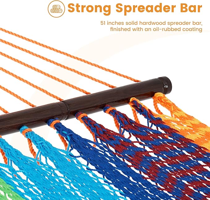 Lazy Daze Hammocks 10.5 FT Double 2 Person Caribbean Rope Hammock, Hand Woven Polyester Hammock with Spreader Bars, for Outside Outdoor Backyard Patio Poolside, 450 LBS Capacity, Multicolor
