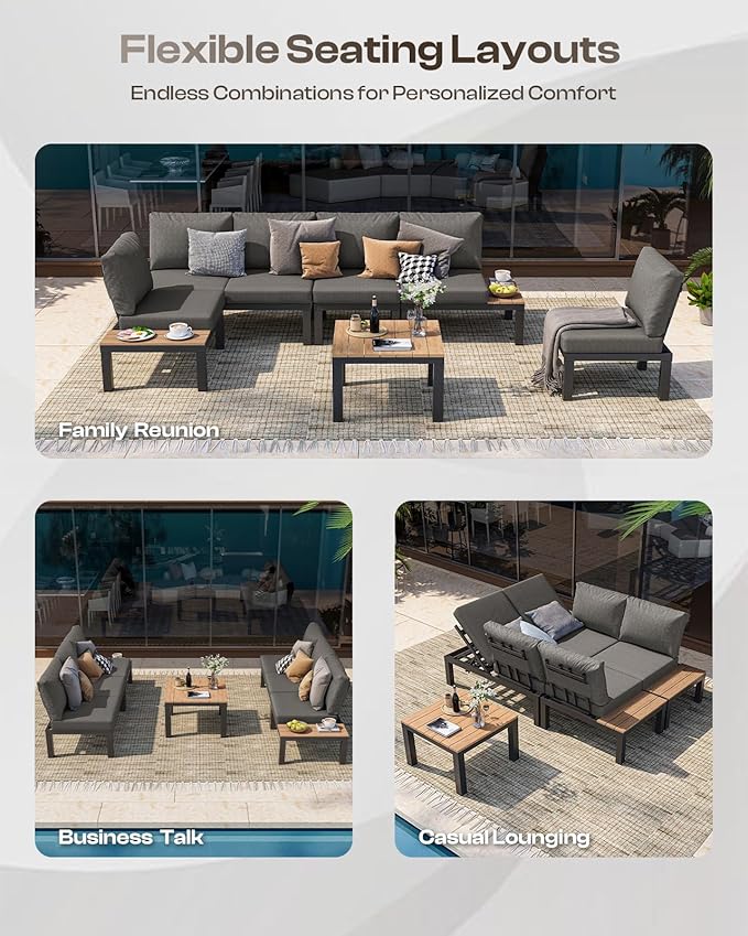 Aluminum Outdoor Patio Sofa Set, 2 Seats Modular Sectional Reclining Loveseat Sofa with Adjustable Backrest & Removable Cushions, All-Weather Conversation Sets for Garden & Yard, Graphite