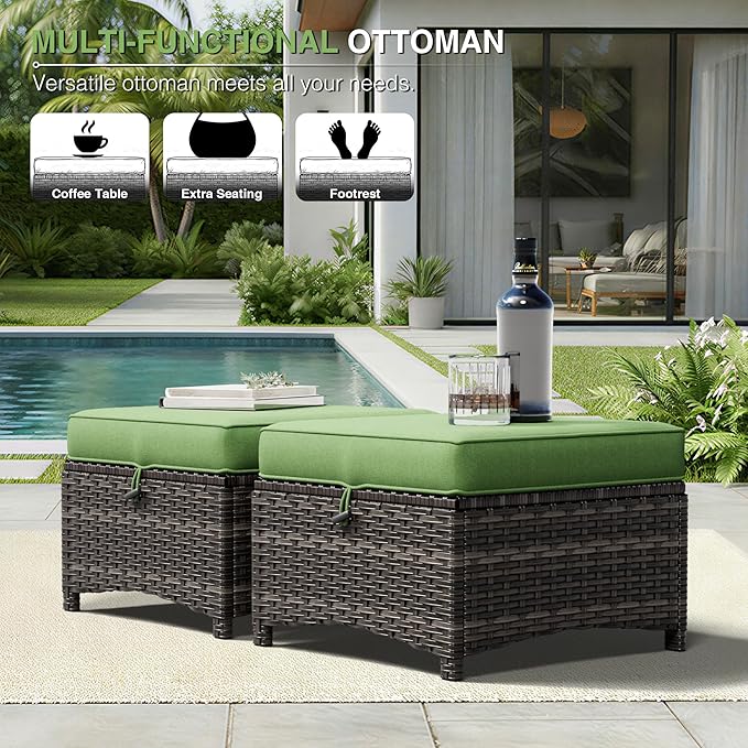 Joyside Outdoor Ottoman Set of 2, Patio Large Ottoman Foot Rest with Thickened Cushions, Outdoor Wicker Foot Stool for Porch, Deck Use