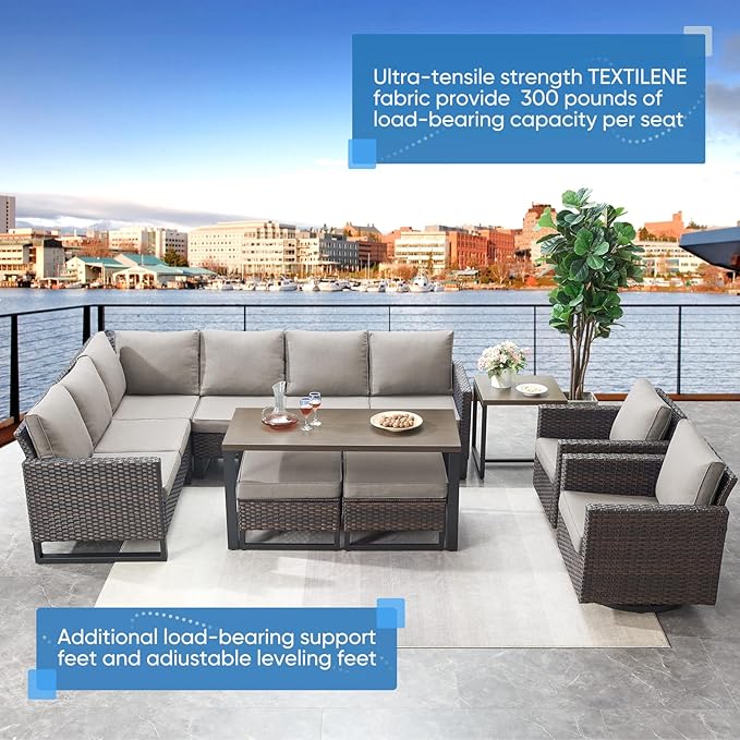 Belord Outdoor Sectional Sofa 6 Seater L Shaped Couch Wicker Patio Conversation Furniture Set Rattan Outdoor Furniture with Removable Washable Cushion, Brown/Grey