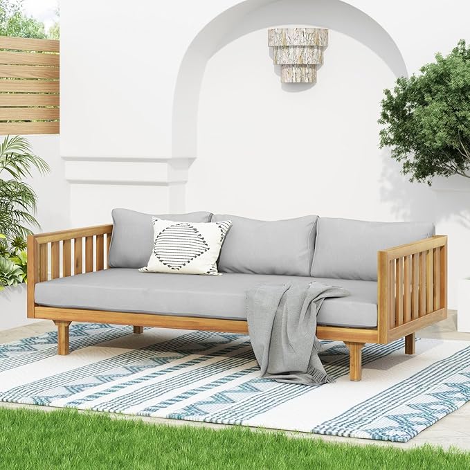 Merax Solid Acacia Wood Couch Chaise Lounge Chair Indoor, 3 Seater Daybed Sofa Couches with Cushions & Pillow, Heavy Frame Day Bed for Living Room, Office, Outdoor, Balcony, Patio, Water Resistant