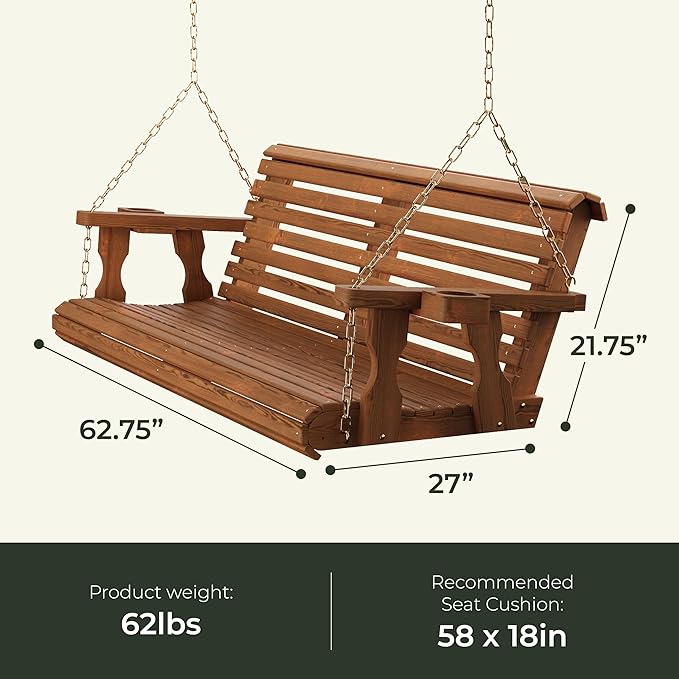 Amish Casual 3 Foot Roll Back Porch Swing with Cup Holders in Semi-Solid White Stain - Amish Made in The USA from Treated Pine Heavy Duty 700 Lb. Weight Capacity