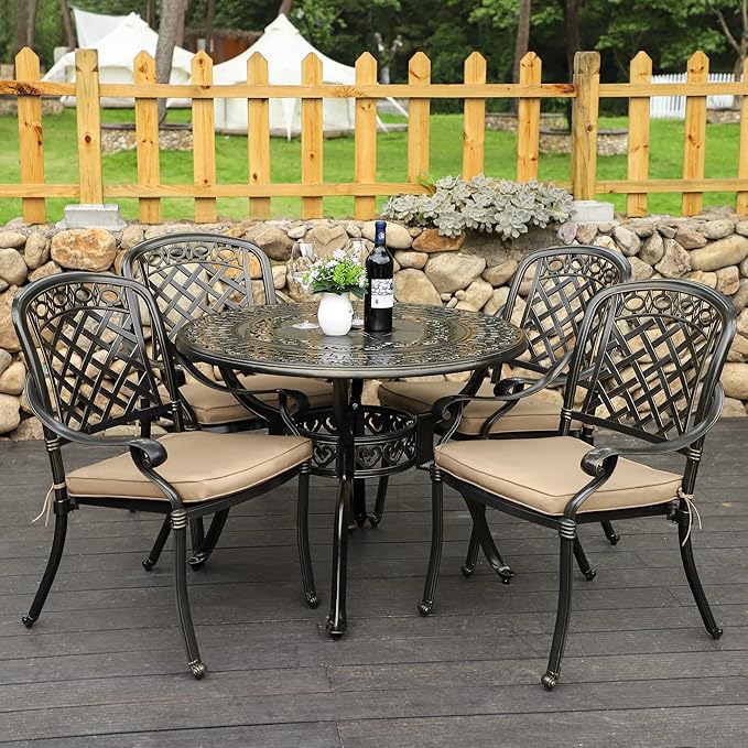 5-Piece Cast Aluminum Outdoor Patio Dining Set, All Weather Cast Aluminum Outdoor Furniture Dining Set for Patio, Balcony, Lawn, Garden, Backyard w/4 Chairs and Cushions, 2.0" Umbrella Hole
