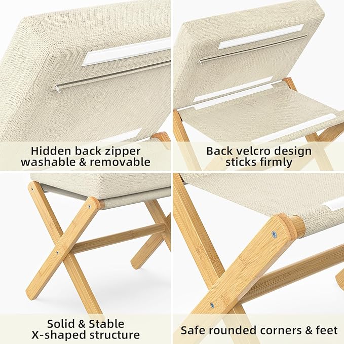 Foldable Foot Stool Ottoman, Modern Foot Rest with Bamboo X Legs & Thick Foam Cushion, Folding Foot Stools Small Padded for Bedroom Living Room, Footstool for Chair Couch (Natural - Beige)