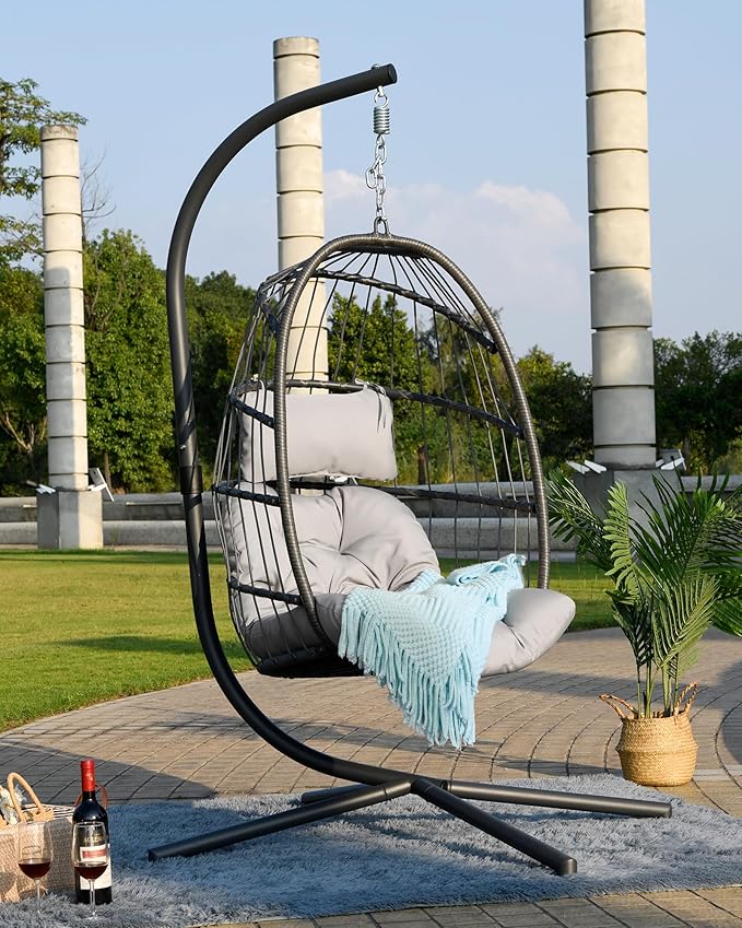 FREDEES Egg Swing Chair with Stand, Outdoor Hanging Egg Chair with Cushion for Patio/Porch/Balcony/Indoor (Light Gray)