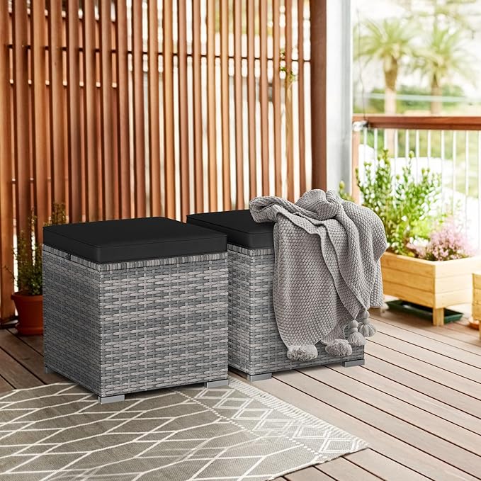 RELAX4LIFE Wicker Outdoor Storage Ottoman - 2-Piece Rattan Footstool w/Removable Cushion, Multipurpose Footrest Foot Stool Seating, Set of 2 Outdoor Ottomans for Patio Deck (Mix Grey-Black)