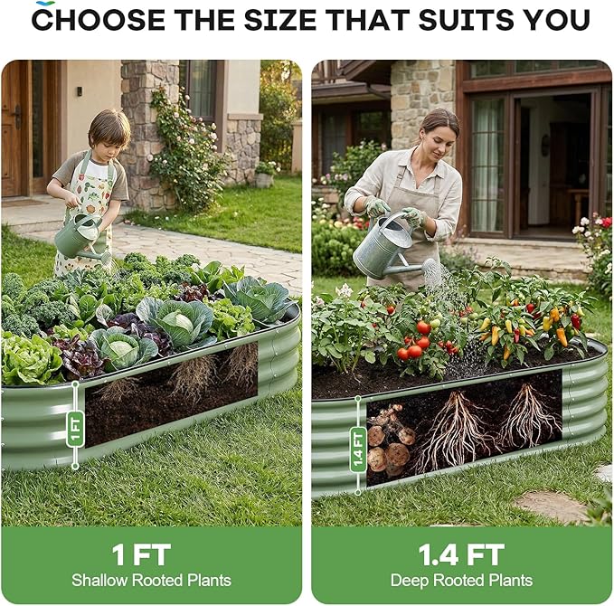 Galvanized Raised Garden Bed Outdoor, 6x3x1ft Oval Metal Raised Beds for Gardening, Rust-Resistant Garden Planter Box for Planting Vegetables, Flowers, Fruits in Lawn(Olive Green, 2 Packs)