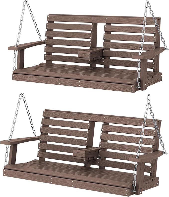 KINGYES Outdoor Hanging Porch Swing Set of 2, Waterproof Swing with Cup Holders for Courtyard & Garden, 660LBS Weight Capacity, Brown
