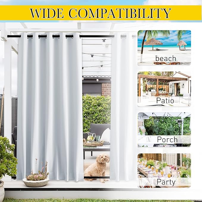 NICETOWN 2 Panels Outdoor Curtains for Patio Waterproof & Windproof, Grommet & Back Tab on Top & Bottom Weighted Drapes Keep Sun/Rain Out with Bouns Rope for Pergola, Greyish White, W66 x L84