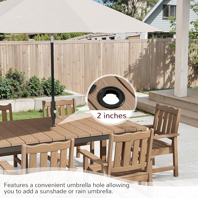 Stoog 63" All-Weather Patio Dining Table, HIPS Waterproof Tabletop with Cross-Braced Aluminum Frame & Umbrella Hole, Fade & Rot Resistant, for Backyard, Garden, Deck, Teak