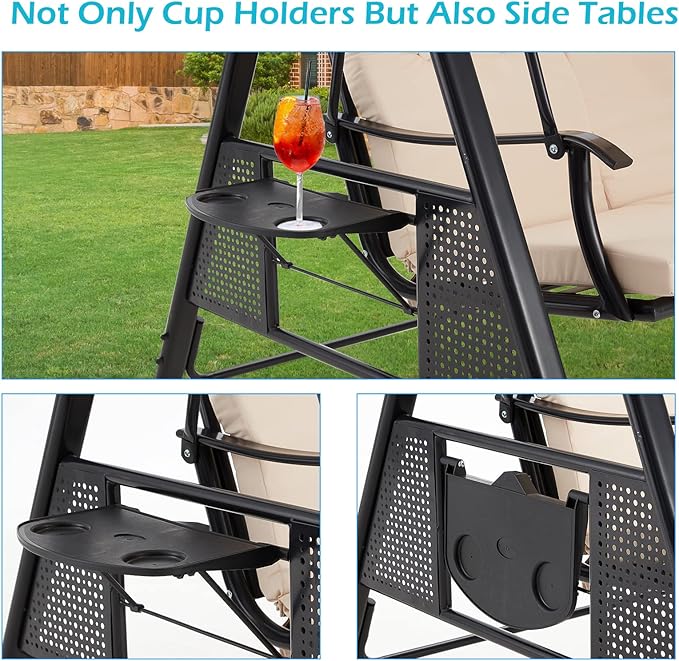 AECOJOY Outdoor Porch Swing with Cover, 3-Seat Patio Swings with Adjustable Canopy, Outside Swing for Adult with Beige Removable Cushions for Backyard, Garden, Yard, Poolside, Balcony