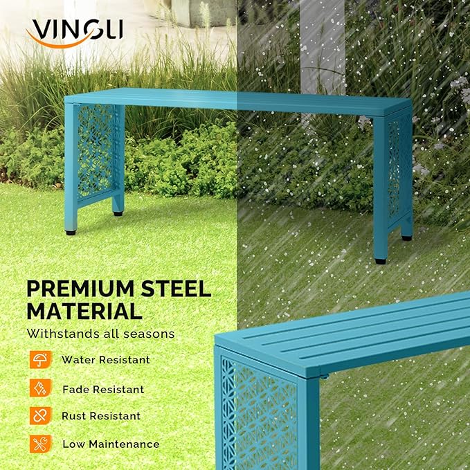 VINGLI 40in Outdoor Metal Bench, All-Weathe Backless Patio Bench with Slatted Seat＆Floral Side Panels, Rust-Resistant Garden Bench, Weatherproof Outdoor Seating for Porch Entryway Backyard (Blue)