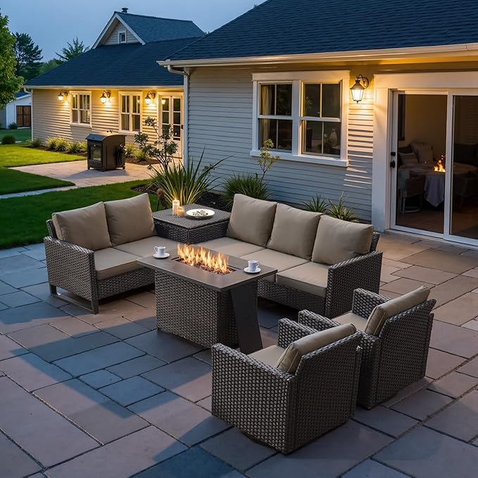 Belord 6-Piece Outdoor Sectional Furniture Set with 41” Fire Pit Table, 5-Seater Patio Furniture Set with Swivel Glider Chairs & Storage Box, 50000 BTU Propane Fire Pit Table, All-Weather PE Wicker