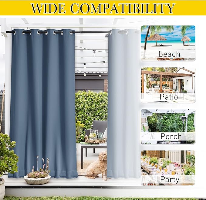 NICETOWN 2 Panels Outdoor Curtains for Patio Extra Wide 84", Waterproof & Windproof Grommet & Back Tab Fixed Top and Bottom Sun Blocking Privacy Drapes with Rope for Gazebo, Stone Blue, W84 x L84