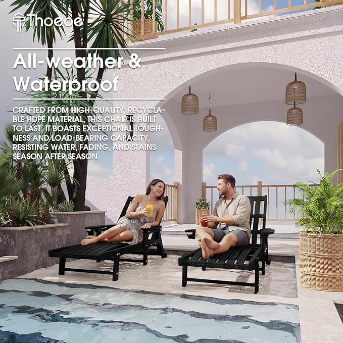 Patio Chaise Lounge Chair, Oversized Lounge Chair Outdoor with 5 Positions, HDPE, Patio Lounge Chair with Wheels & Cup Holder for Pool, Deck, Poolside,Black