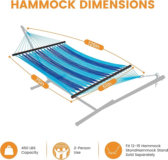 Lazy Daze Hammocks 10.5 FT Double 2 Person Caribbean Rope Hammock, Hand Woven Polyester Hammock with Spreader Bars, for Outside Outdoor Backyard Patio Poolside, 450 LBS Capacity, Blue/SkyBlue