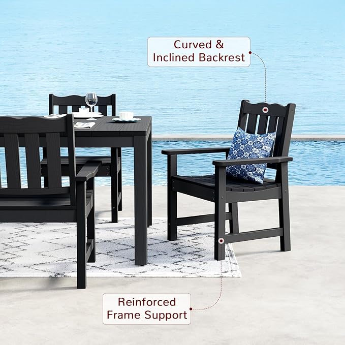Stoog 6 Pieces Outdoor Patio Dining Set, All-Weather Dining Table and Chairs Set with Bench for 6 People, Outdoor Furniture Set with 2" Umbrella Hole for Garden, Backyard and Lawn, Black