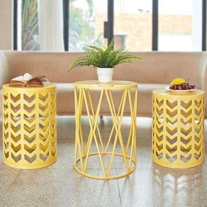 Nesting Side Table Set of 3 Decorative Round Garden Stools for Indoor Outdoor Heavy Duty Metal Frame Side Table Nightstands Modern End Table Plant Stand, Yellow