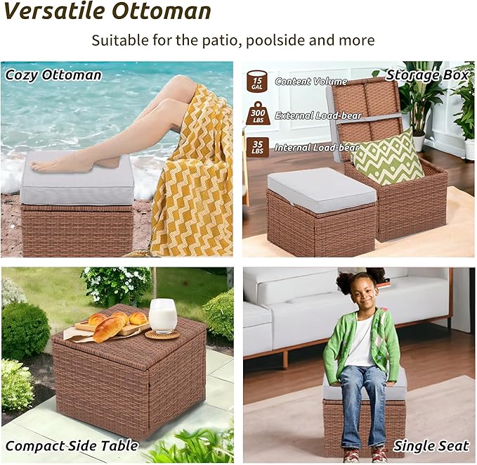 Premium Elegant Gray/Tawny 16.5" 2-Piece w/ 3" Fade-Proof Cushion, All-Weather Wicker Indoor/Outdoor Ottomans, PE Rattan Side Table & Footstools, Footrest, Ideal for Patio.