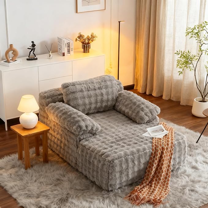 VINGLI 67.7" Oversized Chaise Lounge Chair Indoor Reading Chairs Comfy Bubble Fleece Upholstered Boneless Sofa Bed Sleeper Sofa Cloud Couches for Living Room, Bedroom, Play Room (Light Grey)