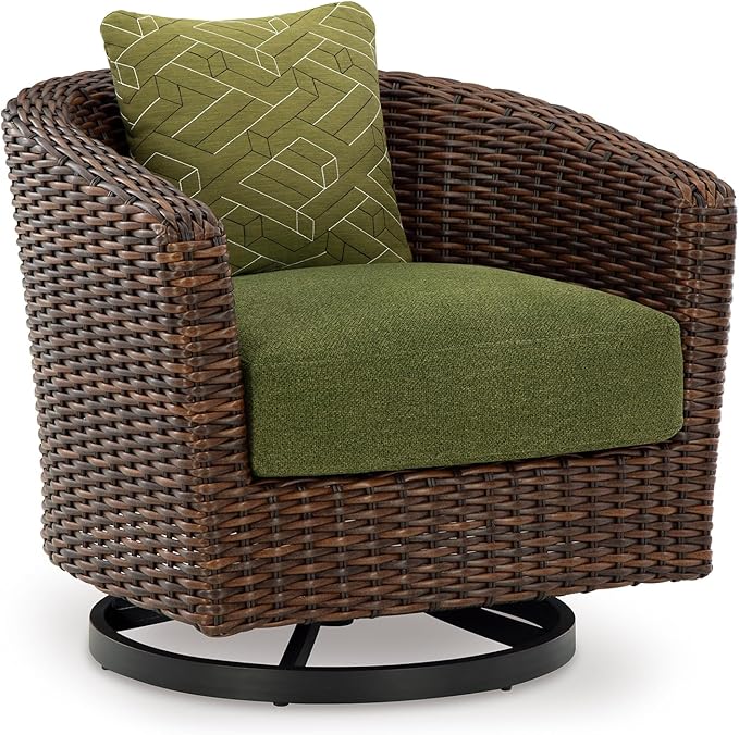 Signature Design by Ashley Horizon Hall Casual Outdoor Weather Resistant Swivel Lounge Chair with Removable Cushion, Green & Dark Brown