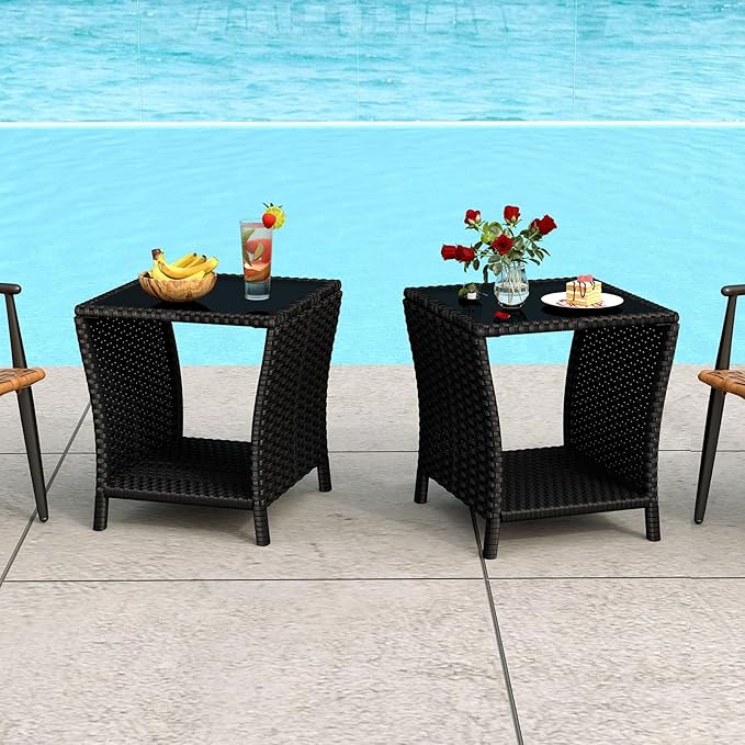 kinbor Small Outdoor Table - Set of 2 Tempered Glass Top Small Outdoor Wicker Side Table with Storage Shelf for Patio, Balcony & Porch, Durable PE Rattan & Iron Frame