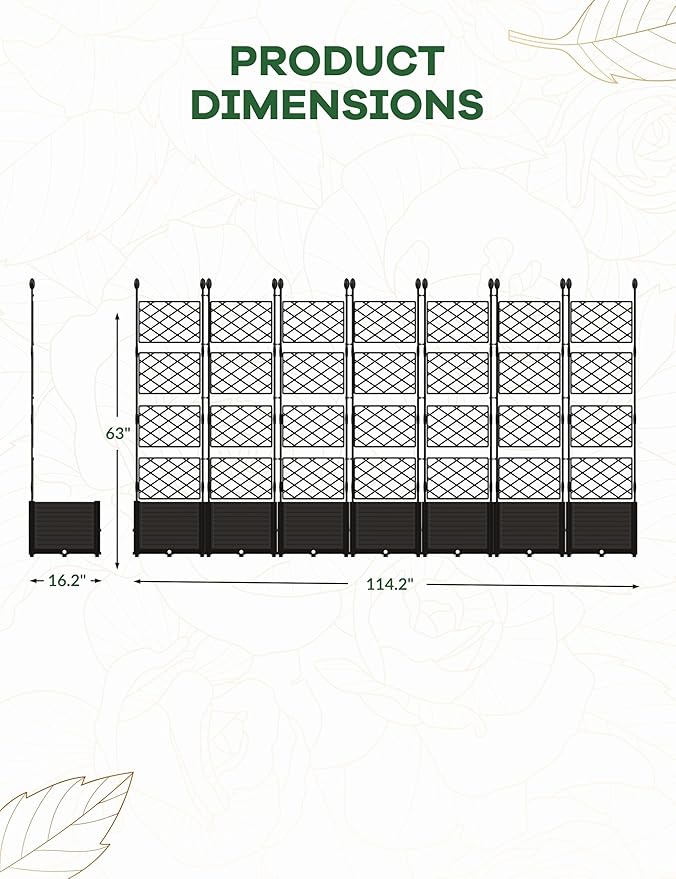 7 PCS Raised Garden Bed with Trellis & Privacy Screen, 116"w x 63"Tall Vertical Garden Planter Box for Climbing Plants - Sturdy Lightweight Outdoor Planter for Vegetables, Flowers on Patio, Balcony