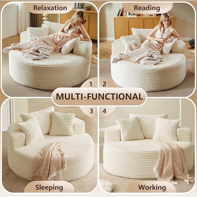 Oversized Round Chair Lounge Chaise Indoor, Upholstered Corduroy Deep Seat Cloud Large Circle Sofa Chair, No Assembly Required, Fluffy Modern Sleeper Sofa Bed for Reading, Light White