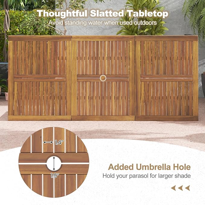 Tangkula 79" Acacia Wood Outdoor Dining Table for 8, Patio Table with Umbrella Hole, Metal Legs & Adjustable Foot Pads, Rectangular 8-Person Outside Table for Garden, Poolside & Backyard