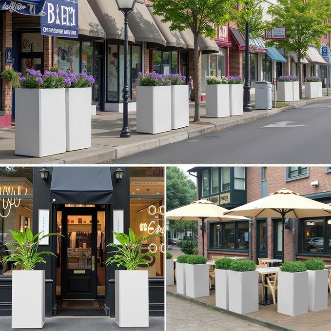 Galvanized Steel Metal Planter, 28 Inch White Square Outdoor Planters with Removable Insert Shelf and Drain Holes, Heavy Duty Flower Pot Modern Commercial Residential for Trees Patio Deck Yard Garden