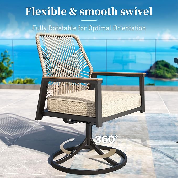 Patio Dining Set 5 Piece, 4 x Woven Rattan Swivel Chairs with Waterproof Cushion, 42” Metal Round Dining Table with Umbrella Hole, Outdoor Table and Chairs Set for Backyard Lawn and Deck, Beige