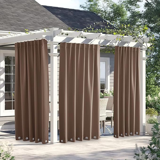 NICETOWN 2 Panels Weighted Blackout Outdoor Curtains for Patio Waterproof, Grommet & Back Tab on Top & Bottom Windproof Sound/Light Blocking for Porch with Bouns Rope for Fixed, Tan, W66 x L84