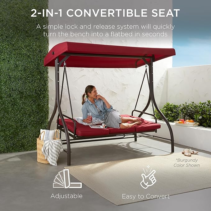 Best Choice Products 3-Seat Outdoor Large Converting Canopy Swing Glider, Patio Hammock Lounge Chair for Porch, Backyard w/Flatbed, Adjustable Shade, Removable Cushions - Midnight Green