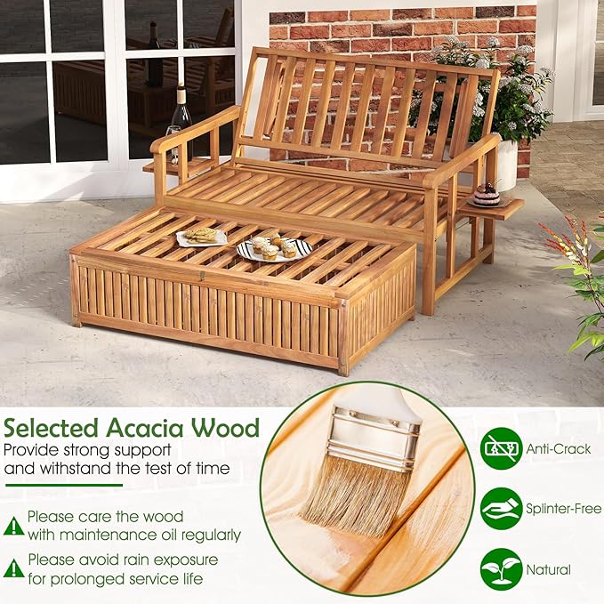 Tangkula Outdoor Acacia Wood Daybed with Storage Ottoman, Wood Patio Loveseat Sofa with 4-Level Backrest & Removable Cushions, 2 Folding Side Tables, Patio Recliner Lounger for Poolside, Backyard