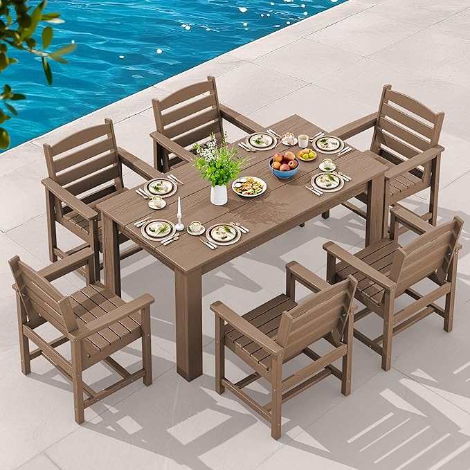 SERWALL Patio Dining Sets for 8, Outdoor Dining Sets for 8 Person with 2 Umbrella Hole Cut-Out Rectangular Tables and 8 Chairs, HDPE Dining Sets for Garden, Backyard, Poolside, Brown