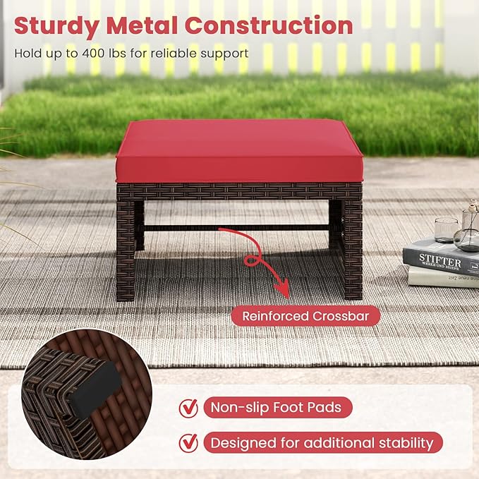 Tangkula 2 Pieces Patio PE Rattan Ottomans, Multipurpose Outdoor Footstool Footrest Additional Seating Side Table with Soft Zippered Cushions for Deck, Garden, Poolside and Yard (Red)
